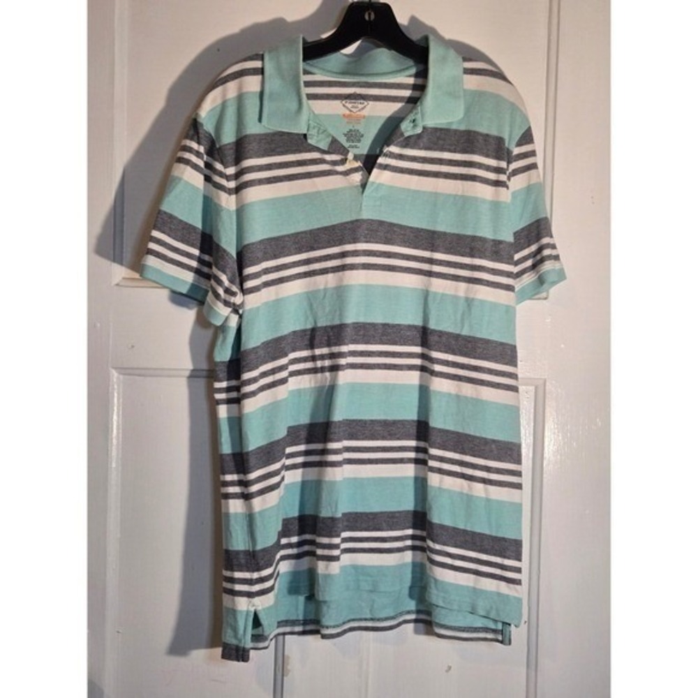 St Johns Bay Mens Large Performance Polo Shirt Striped Mint Green Grey Cotton